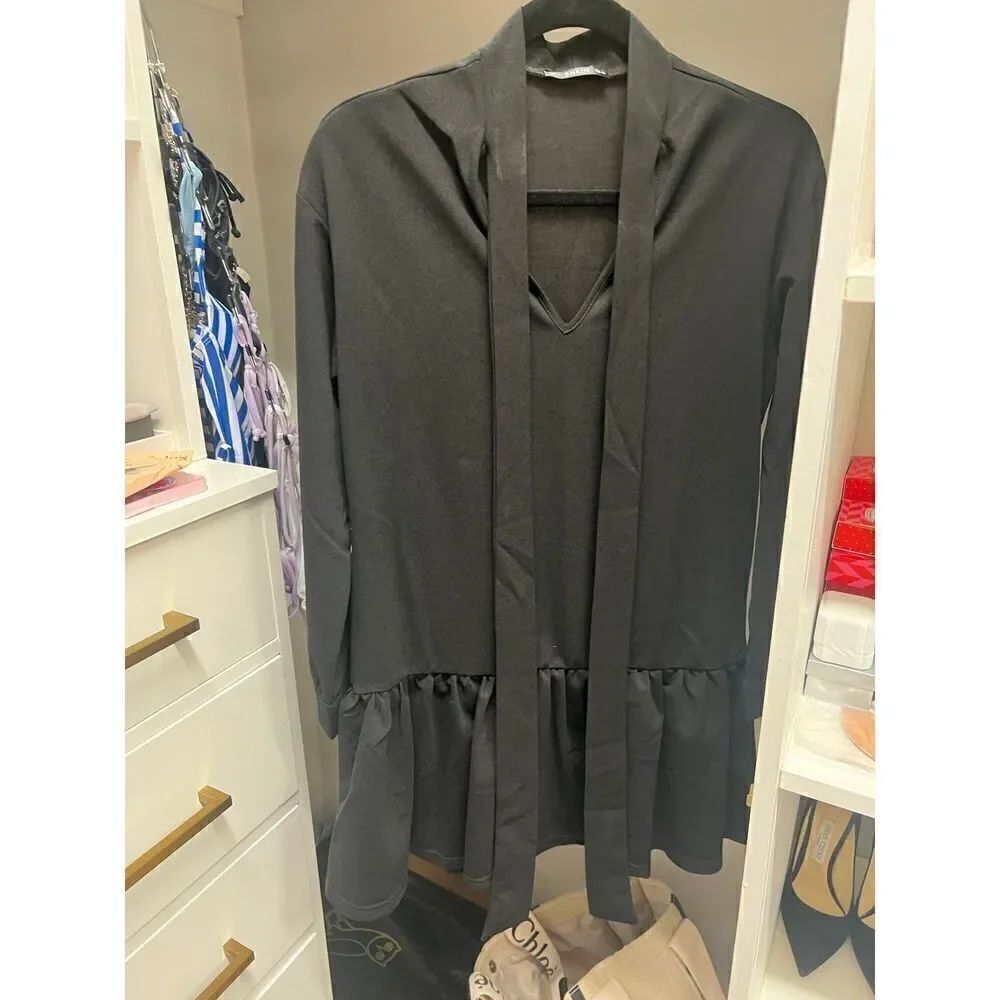 Shein black tie neck ruffle hem long sleeve dress size XS - 32”